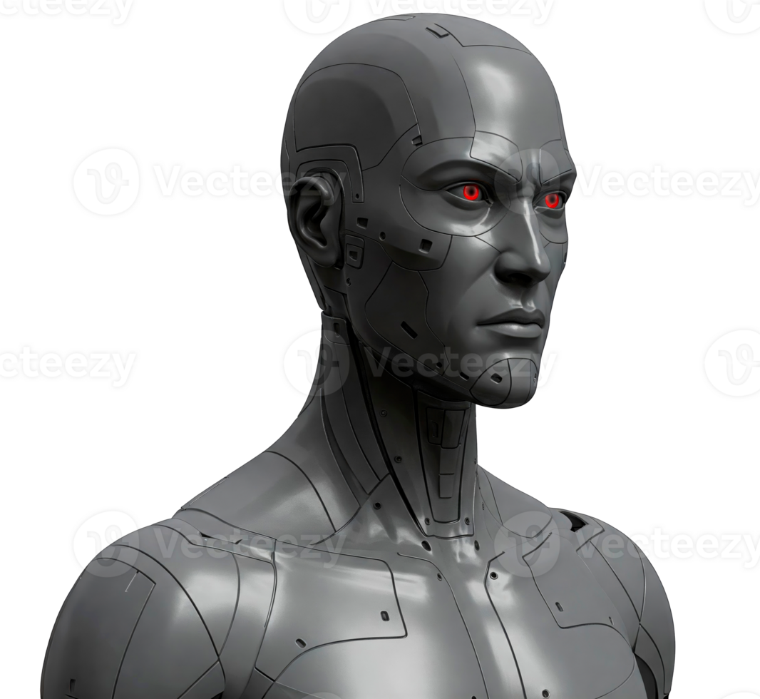 Cut out of a Futuristic cyborg showing artificial intelligence and red eyes with a defiant look png