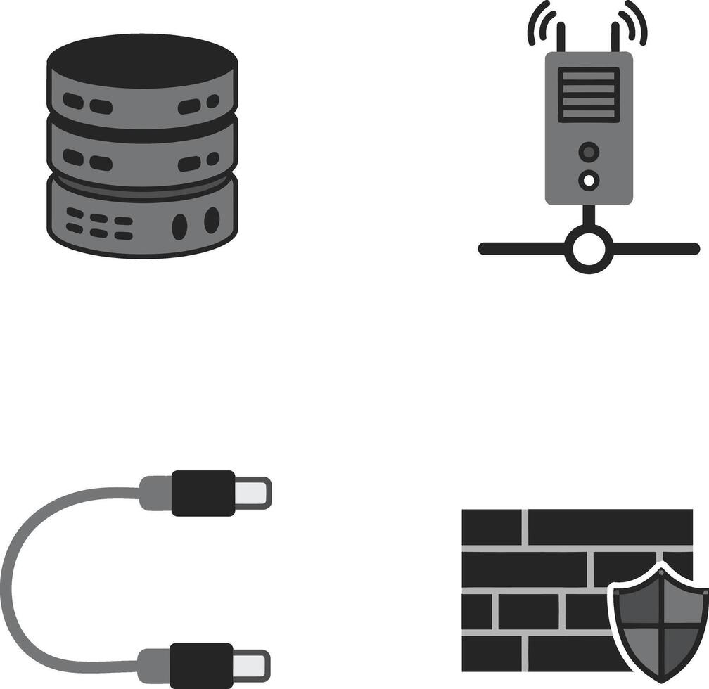Network server database firewall and cable connection icons set for technology and security concepts vector
