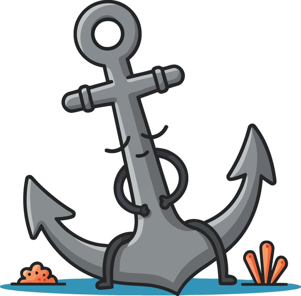 Nautical anchor partially buried in sea floor with coral and rock illustration vector