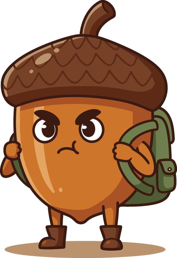 Angry acorn character with backpack and boots carrying bag illustration design vector