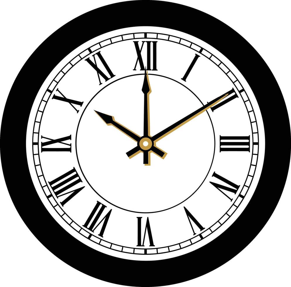 Classic round wall clock with roman numerals and black frame showing time at ten past twelve illustration vector