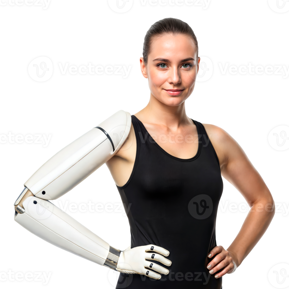 A woman with a prosthetic arm stands with hands on her hips png