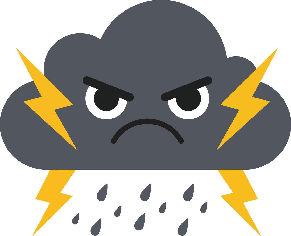 Angry dark grey rain cloud with lightning bolts and raindrops weather storm illustration vector