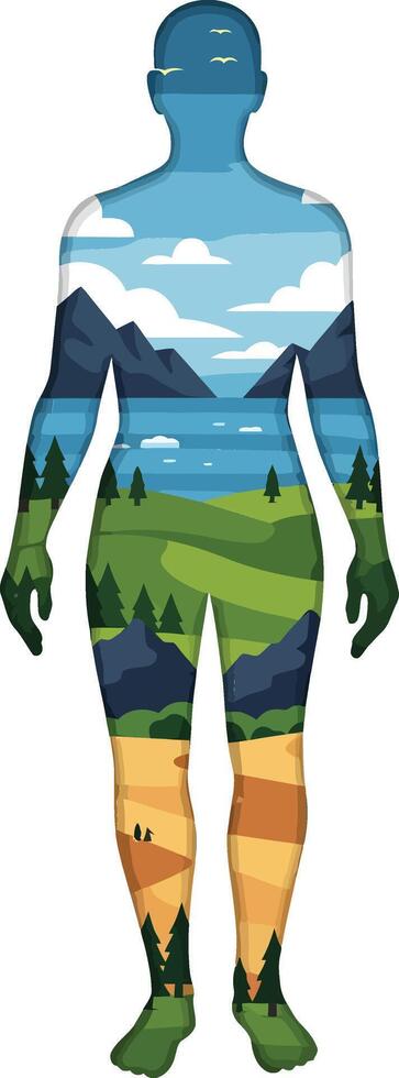 Human silhouette filled with nature landscape illustration showing sky mountains forest and fields art vector