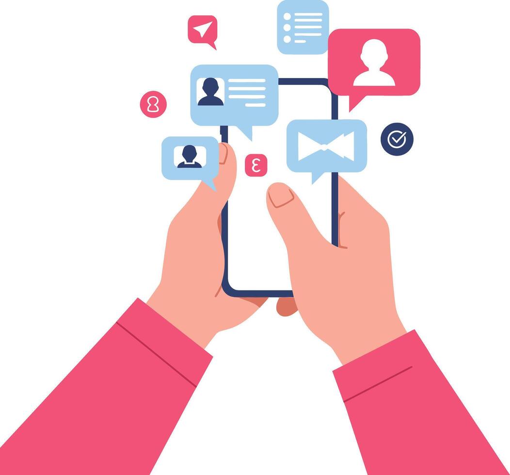 Hands Holding Smartphone with Chat Bubbles Social Media Messaging Illustration in Flat Style vector