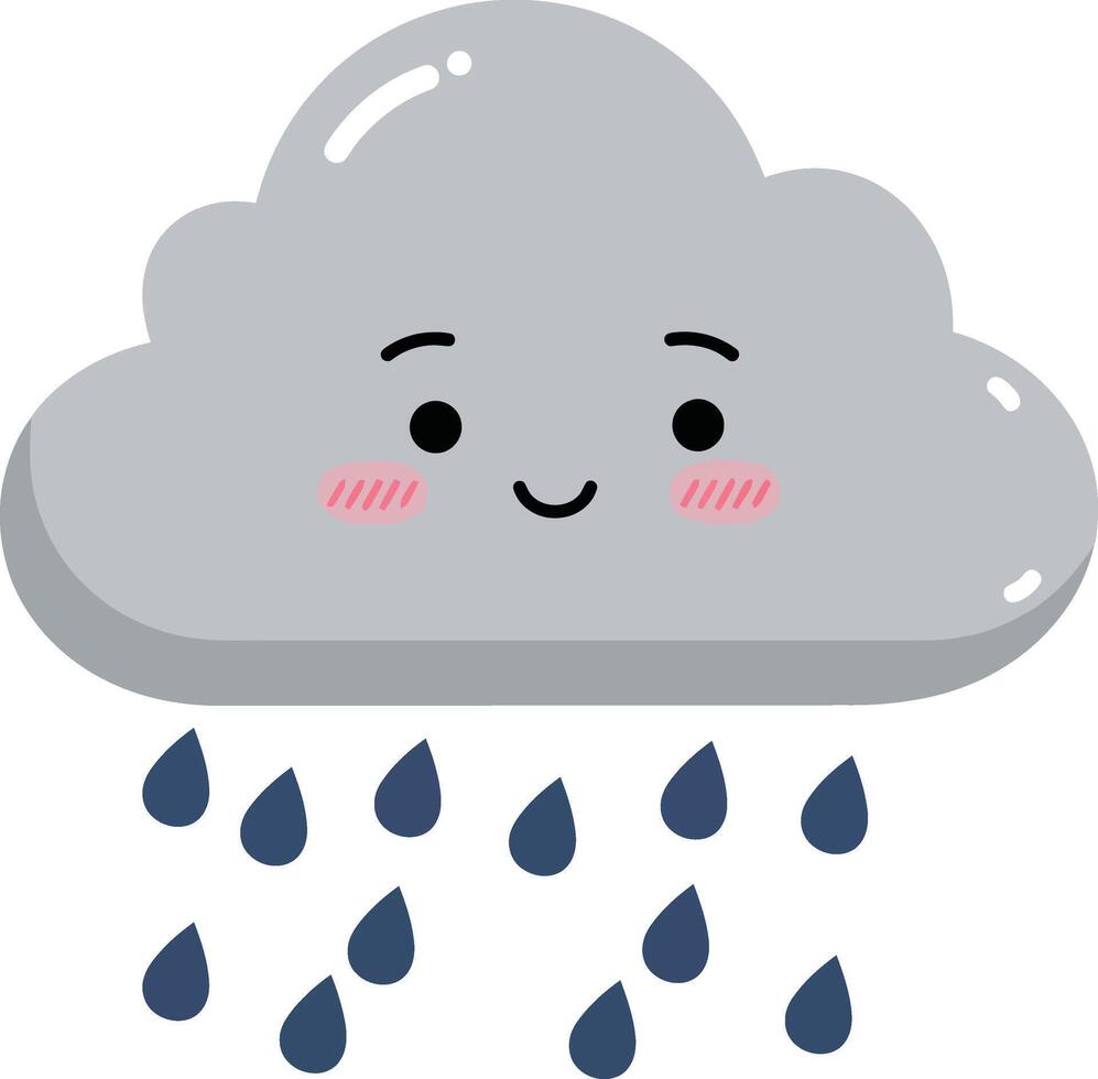 Cute smiling gray rain cloud with falling raindrops illustration in cartoon style vector