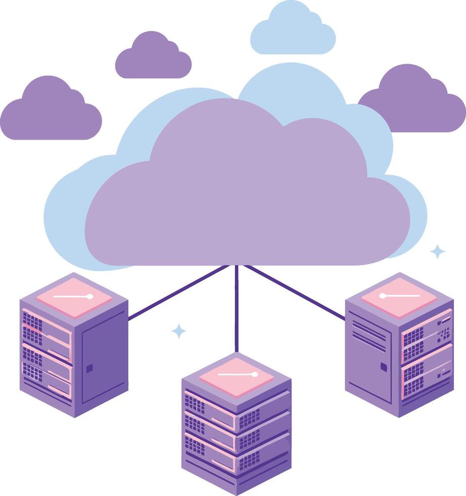 Cloud computing concept with purple clouds and connected servers network illustration vector