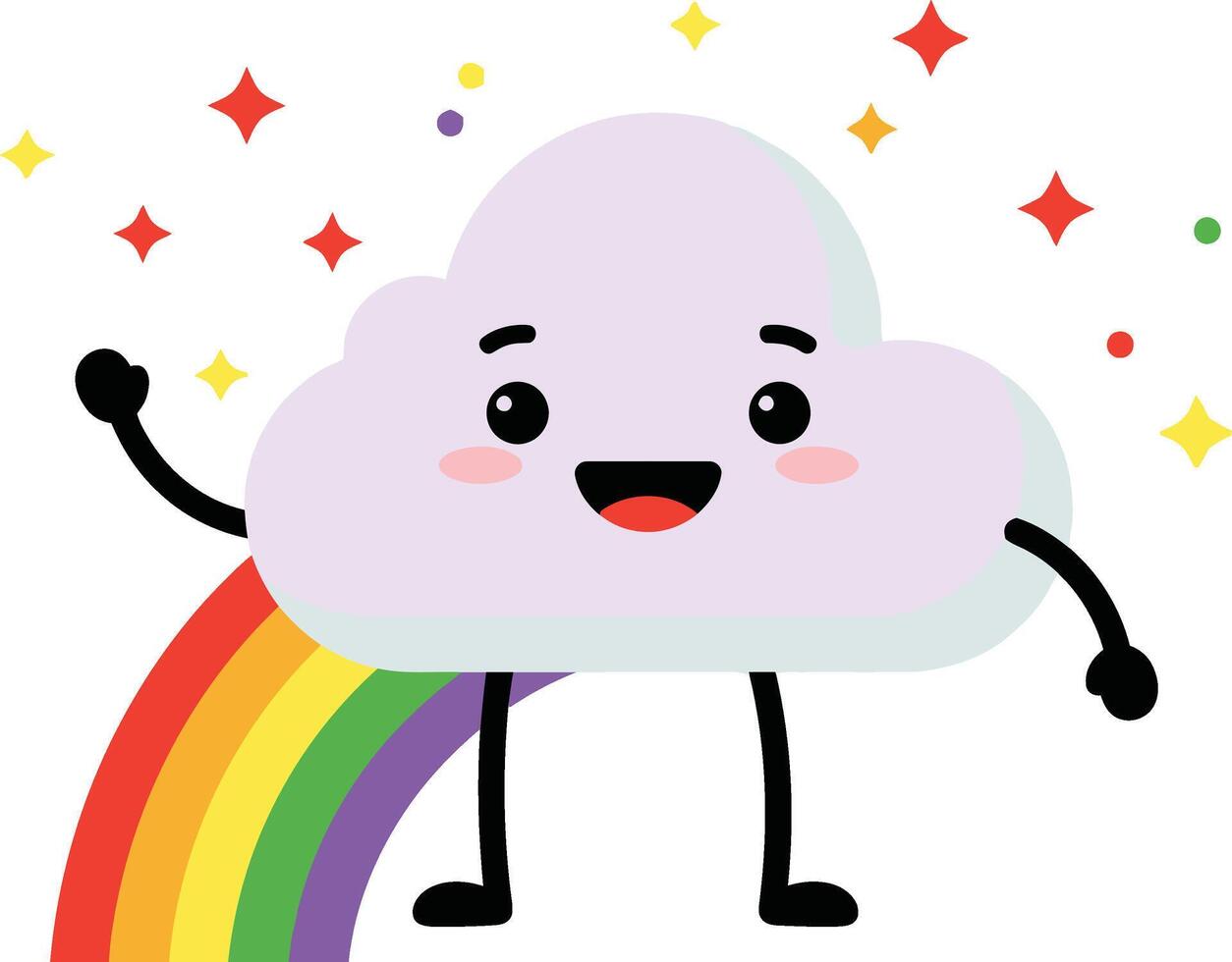 Cute cartoon cloud character with colorful rainbow and sparkling stars illustration cheerful design for kids and weather themes vector