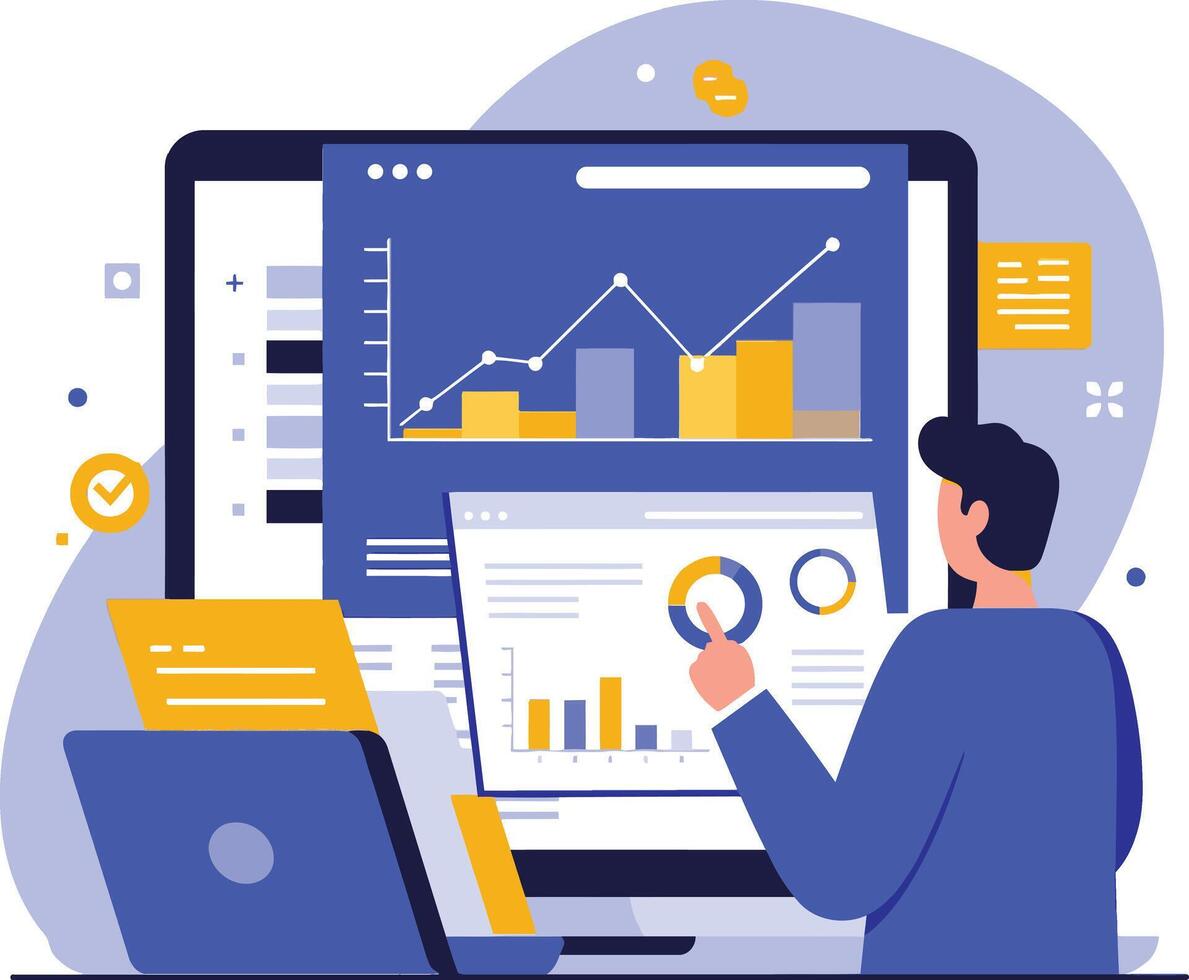 Data analysis and business analytics with charts and graphs on computer screen illustration in blue and yellow colors vector