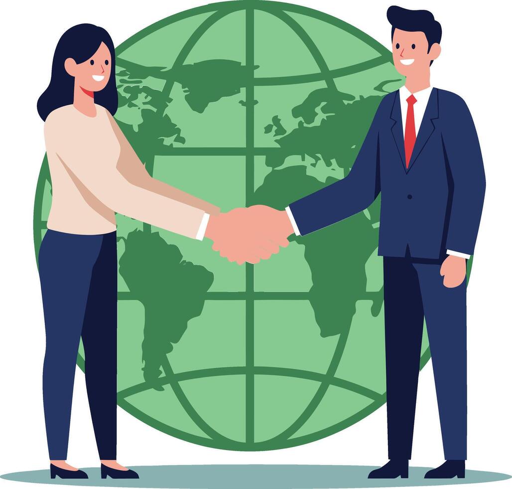 Businessman and businesswoman shaking hands in front of green globe symbolizing global partnership and cooperation in corporate world vector