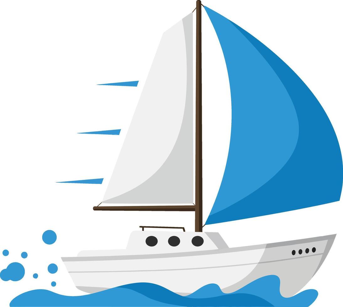 Sailboat with blue and white sails moving on water illustration in flat style vector