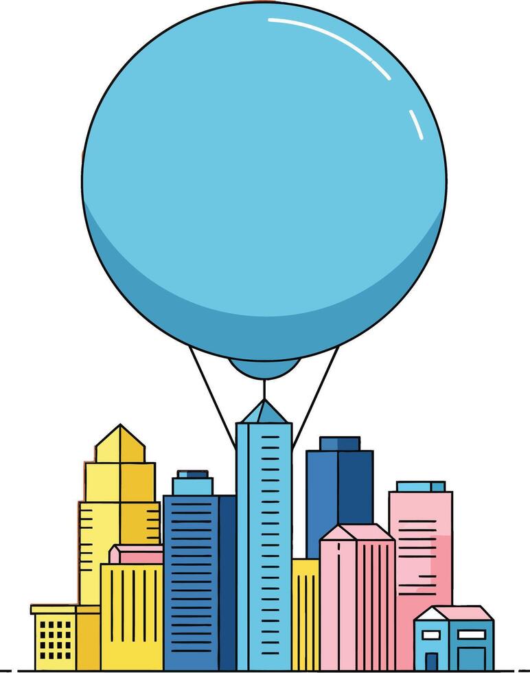 Blue balloon floating over colorful city skyline with modern buildings illustration vector