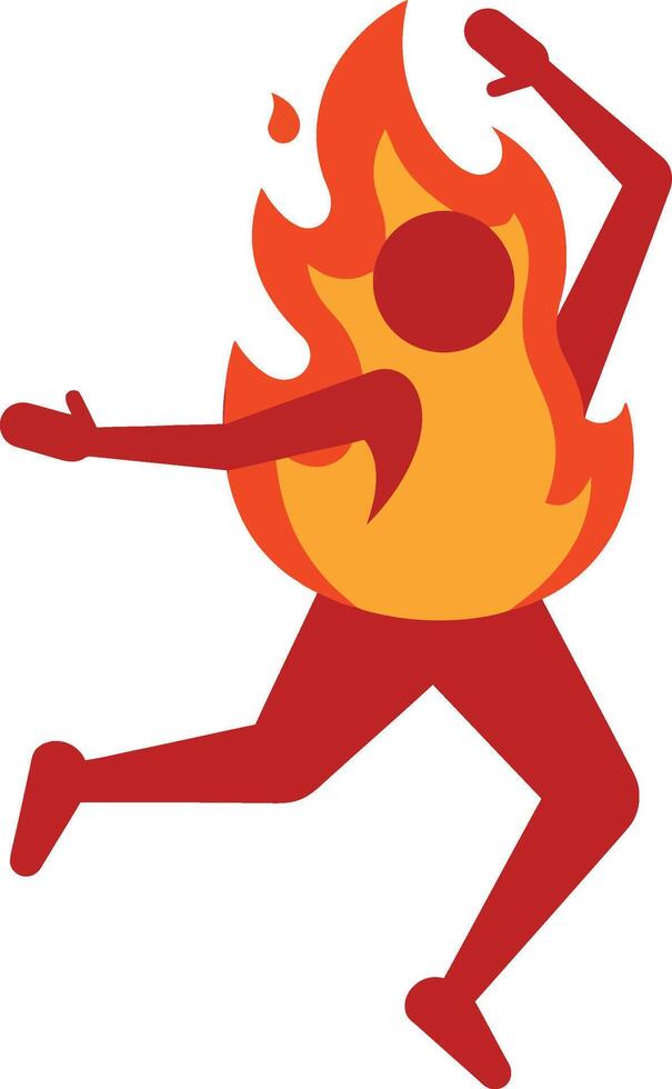 Running human figure engulfed in orange and red flames illustration energetic pose dynamic movement vector