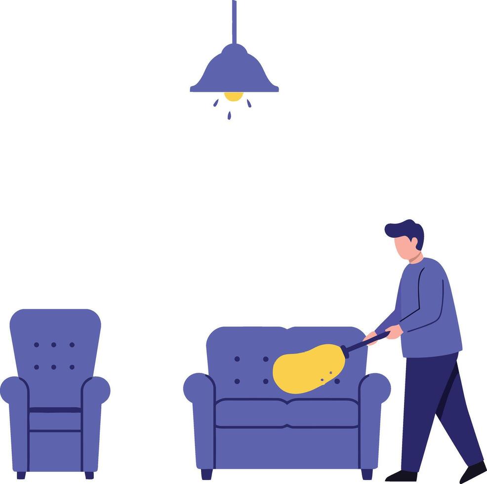 Man dusting blue sofa and armchair in clean home interior with hanging lamp illustration vector