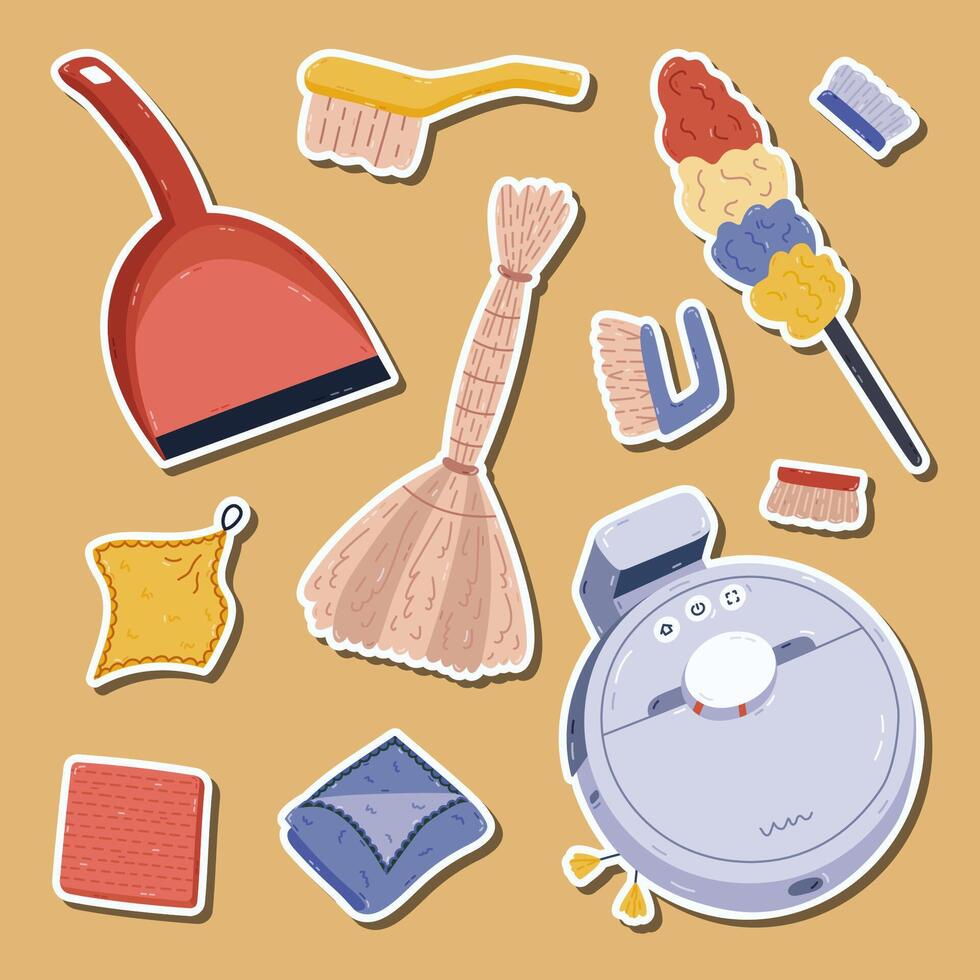 Childish cartoon sticker set with sanitation and hygiene supply for planners, notebooks. Ready for print list of cute stickers with robot vacuum cleaner, feather duster, broom, dustpan, rags. vector