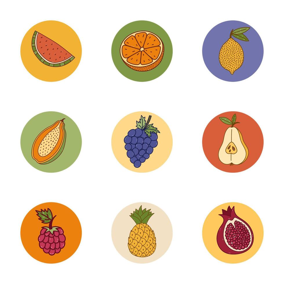 Lovely colored round cover icon with exotic eco fruits and berries doodle for different social media, blogs, branding. Highlight icons for stories with lemon, orange, grape, watermelon, pear, papaya vector