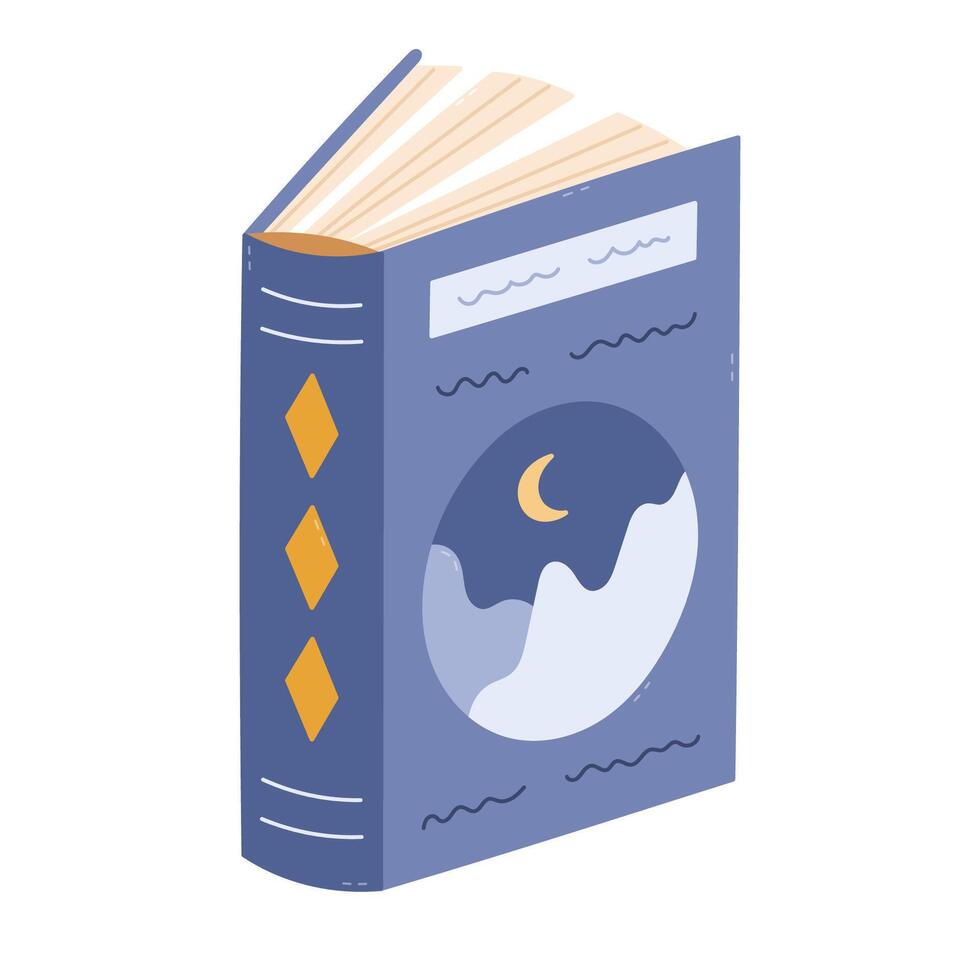 Lovely cartoon standing slightly open book with picturesque cover, picture with moon and mountains. Cute hand drawn fiction literature, notebook, fantastic stories. Read, knowledge, bookworm concept. vector