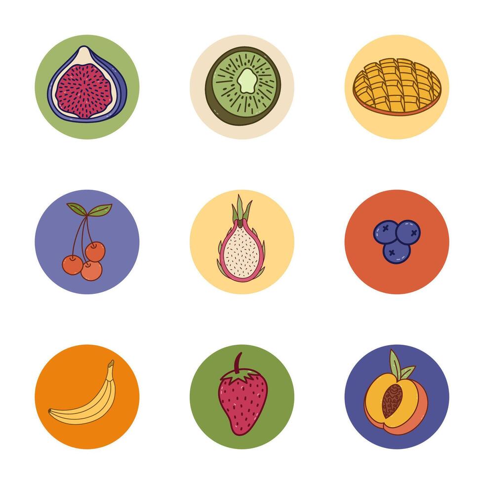 Lovely cartoon round cover icon with tropical fruits and berries doodle for different social media, blogs, branding. Highlight icons for stories with kiwi, fig, strawberry, banana in bright colors vector