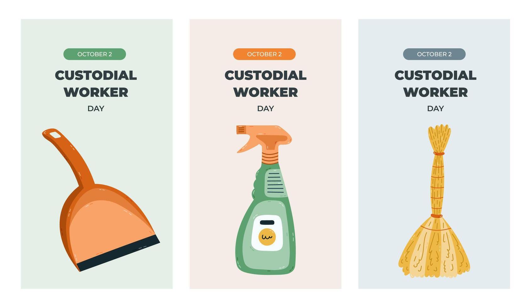 Simple set of vertical stories for Custodial Worker Day with colorful clipart of cleanup supply. Greeting concept banner with dustpan, spray bottle from dirt and stain, broom for social media design. vector