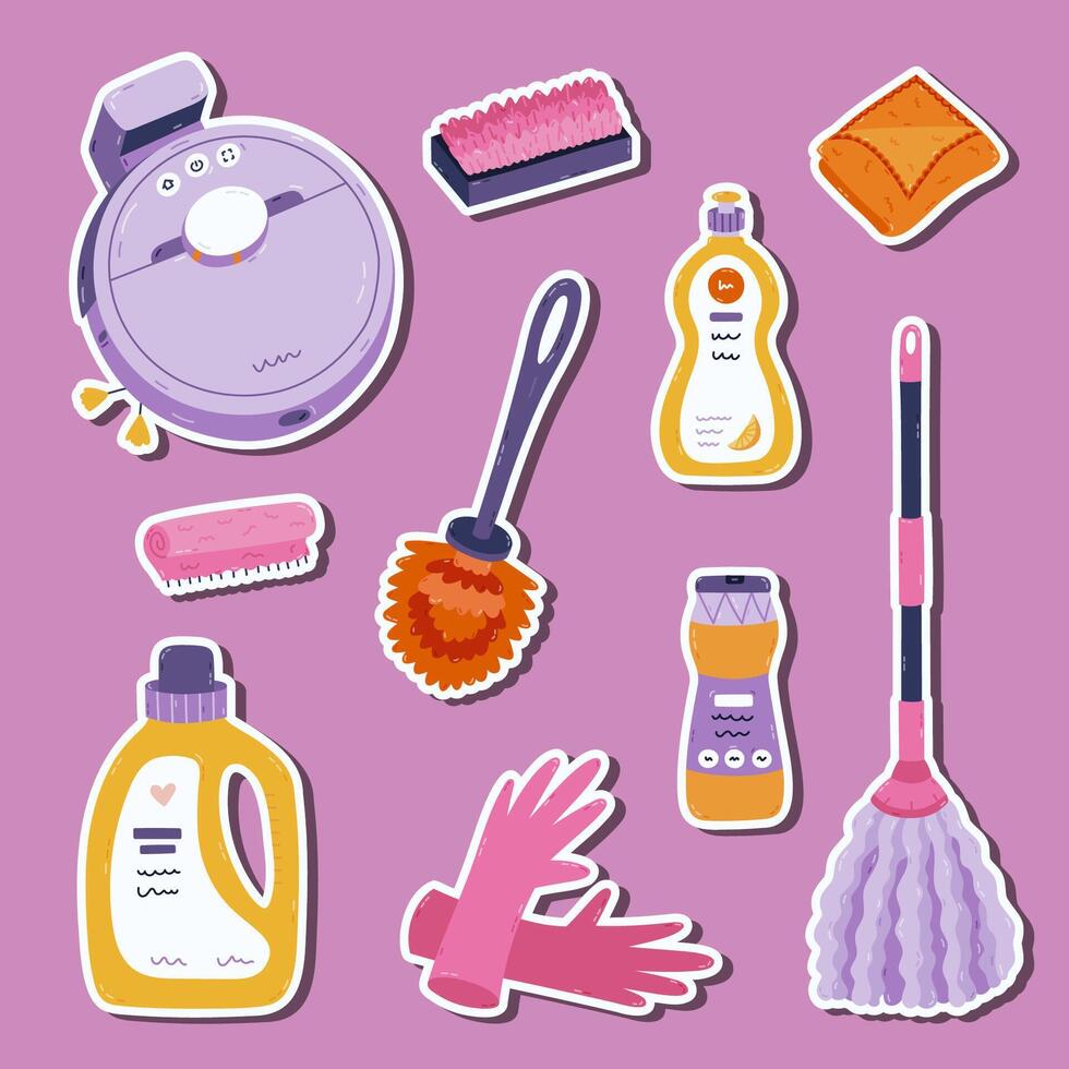 Lovely cartoon sticker set with washing apartment tools and detergent products for planners, notebooks, diary. Ready for print list of colourful cleansing clipart. Brush, rubber gloves, laundry gel. vector