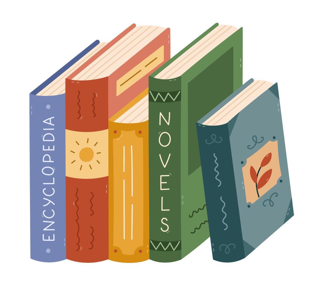 Lovely cartoon books in hardcover of different genres vertically standing. Funny literature, encyclopedia, novel with diverse book covers. Reading, studying, recreation clipart isolated on background. vector