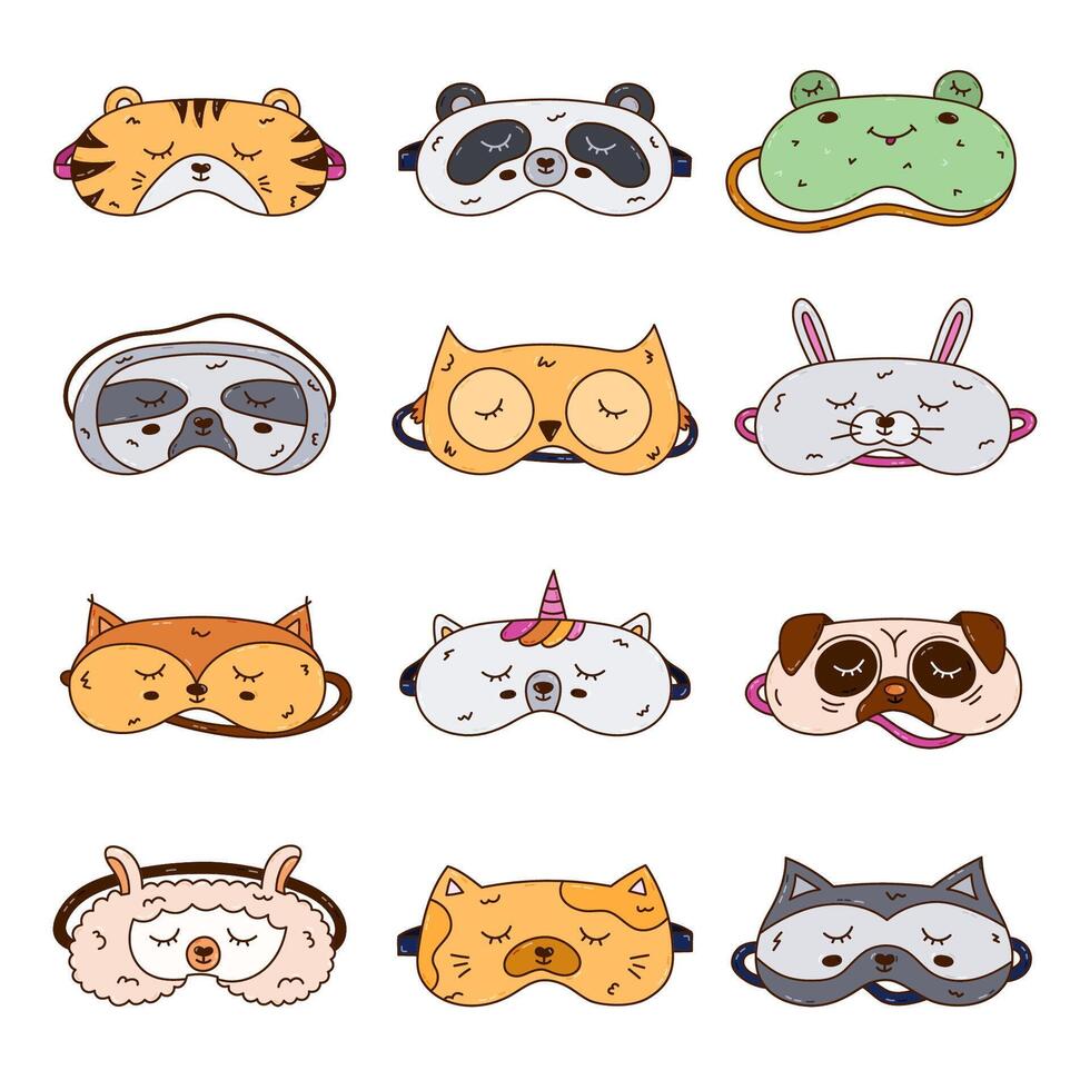 Big colorful doodle animal sleeping mask set in the shape of pet head. Cute kids eye mask collection with panda, toad, kitty, dog, etc. head. Hand drawn night accessory for resting isolated on white. vector