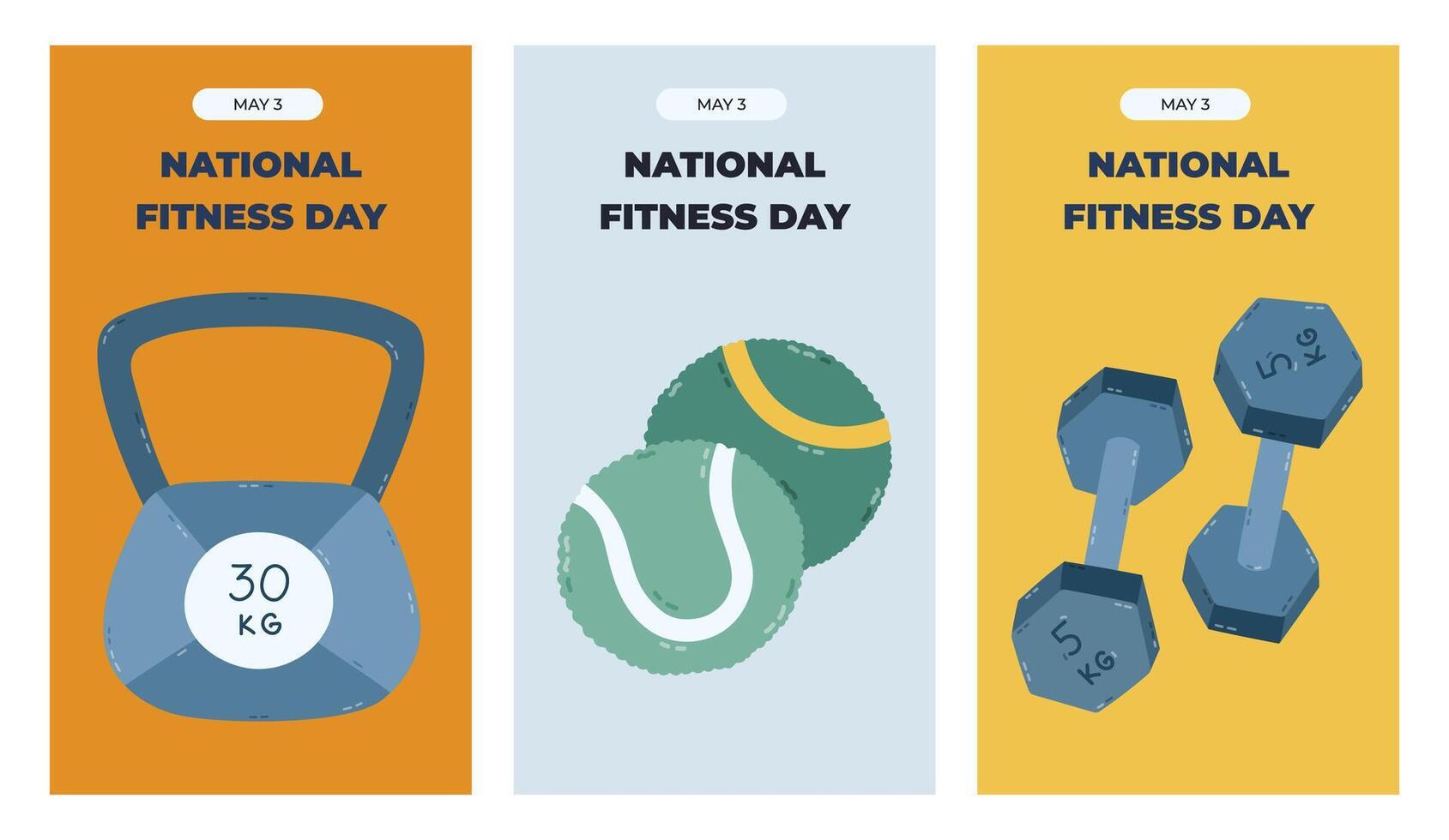Vertical trendy set of stories for National Fitness Day with colourful fitness, workout clipart. Simple poster for social media design with heavy kettlebell, tennis ball, pair of dumbbells. vector