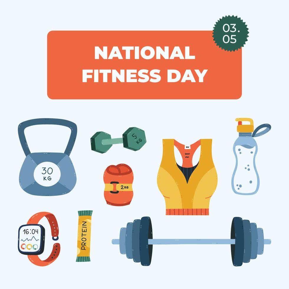 Colourful square banner for National Fitness Day with sport inventory, gym tool, weights, athletic devices. Simple holiday poster for website background, social media design with kettlebell, barbell. vector