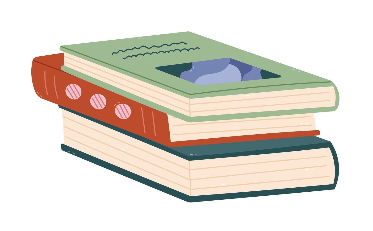 Lovely cartoon lying stack of textbooks and fiction with diverse book covers. Funny pile of literature for bookshop, library, learning at school, university. Vivid encyclopedia, dictionary, novels. vector