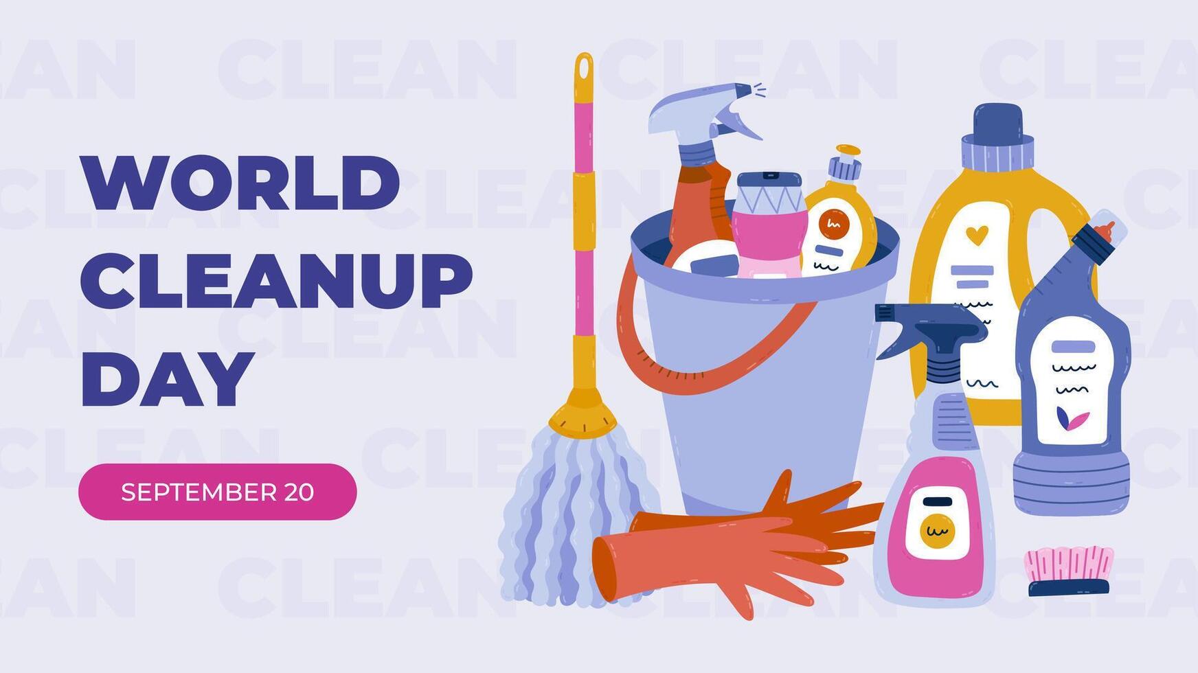 Horizontal minimalistic banner for World Cleanup Day with detergent product and cleaning tools in bucket, mop, gloves. Trendy holiday illustration for poster, website background, social media. vector