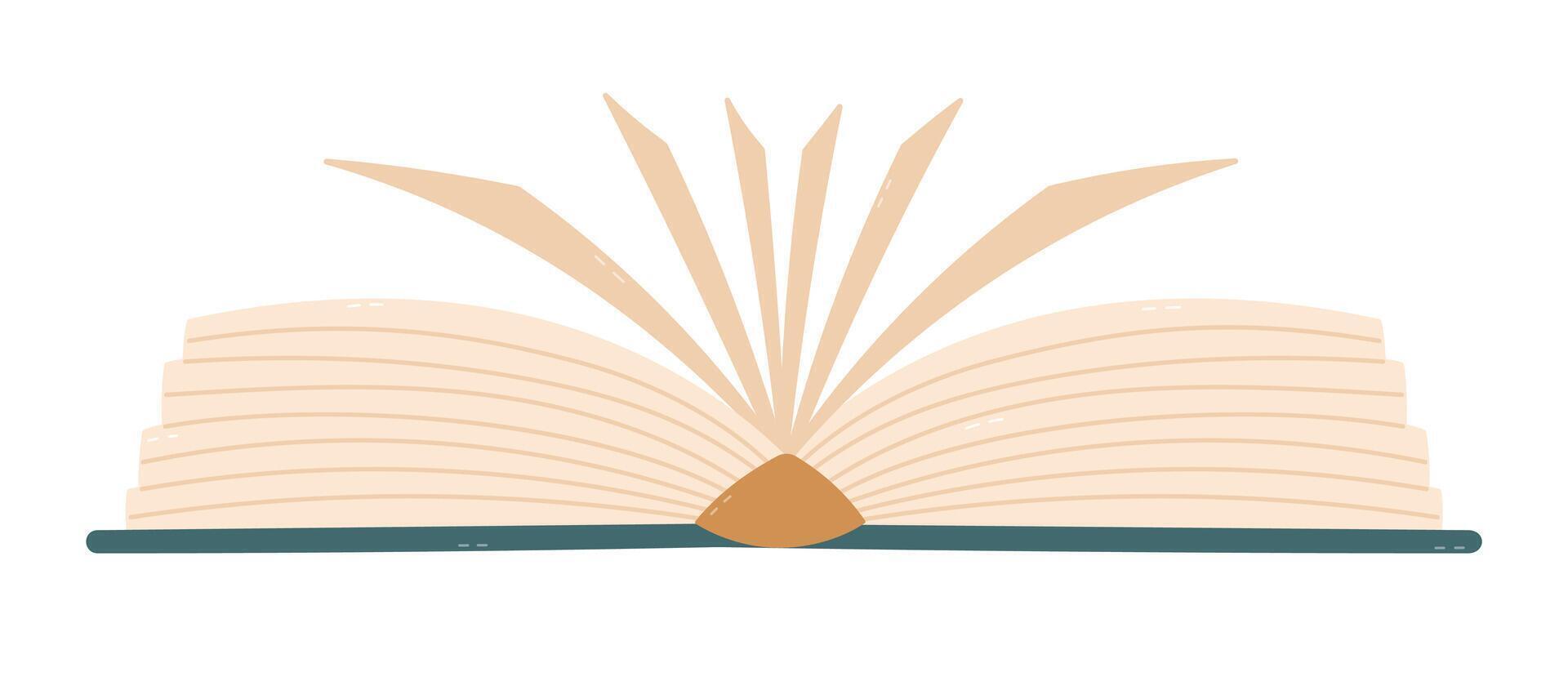 Lovely cartoon book lying and wide open 180 degrees with pages. Cute hand drawn academic textbook, dictionary, recreational literature. Library, bookstore, reading clipart isolated on background. vector