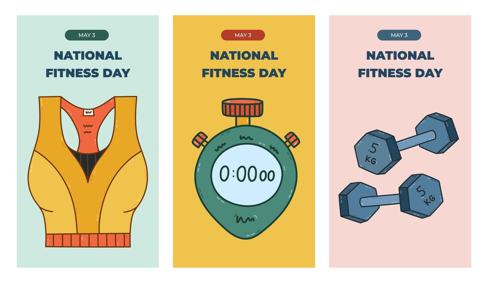 Vertical minimalistic trendy set of stories for National Fitness Day with vivid gym, training clipart. Poster for social media with sport bra, stopwatch, pair of dumbbells. Postcard for celebration. vector