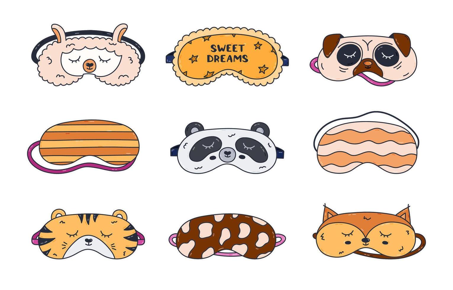 Cute cartoon doodle set with kids and girlish sleeping mask with llama, panda, tiger head, cow pattern, lettering. Hand drawn patterned eye mask. Night accessory for dreaming isolated on white. vector