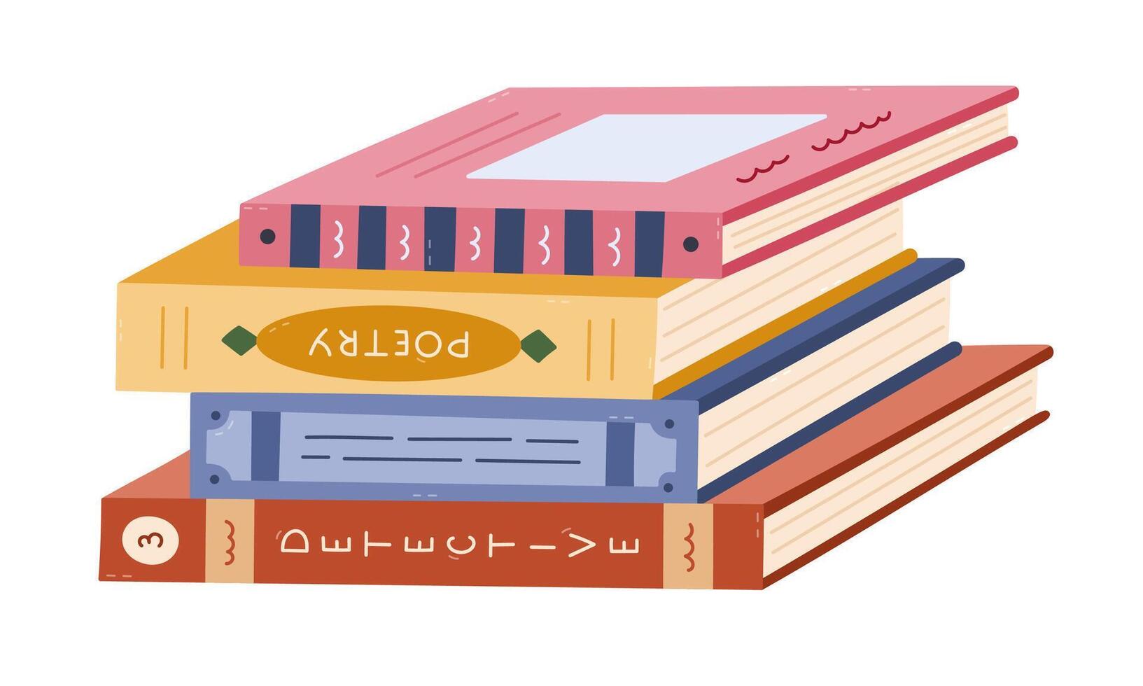 Lovely cartoon stack of books lying on surface. Cute pile of different literature, poetry collection, detective series. Colorful library, reading, education clipart isolated on white background. vector