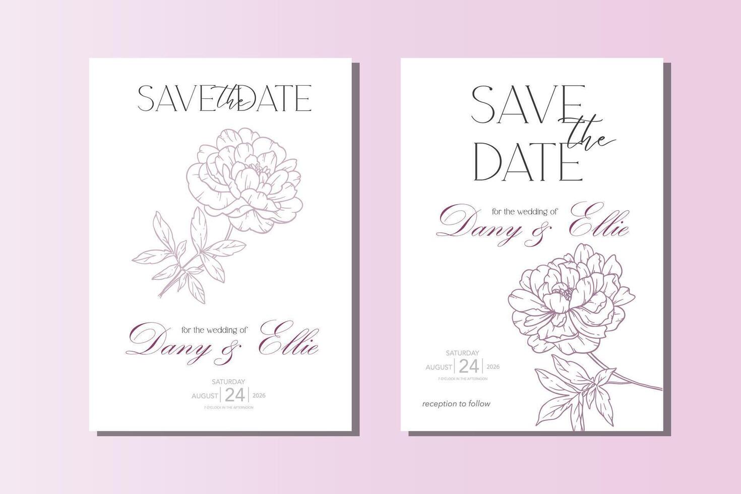 Peony Wedding Invitation minimalist template. Hand Drawn Line Art Peony Flowers. Outline Peonies Minimalist Wedding Design, Spring Summer Wedding invite template vector