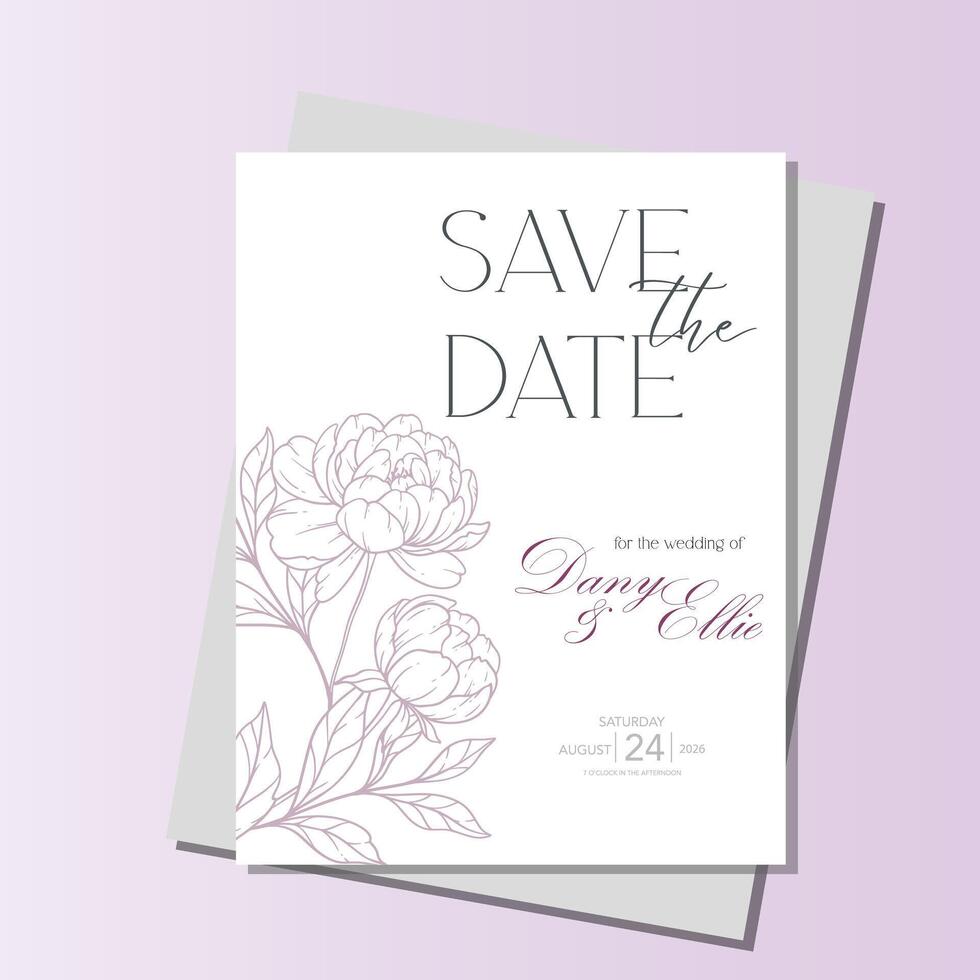 Peony Wedding template. Hand Drawn Line Art Peony Flowers. Outline Peonies Minimalist Wedding Design, Spring Summer Wedding invite template vector