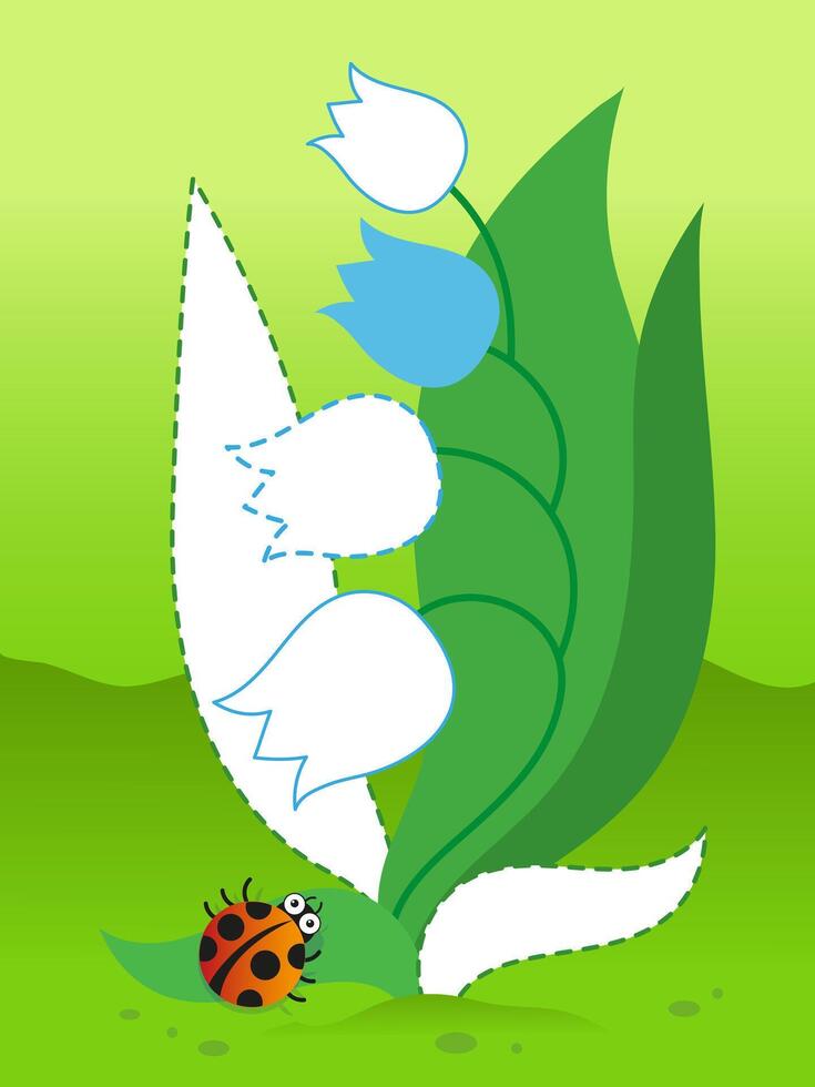 Trace and color. Writing practice. Lilies of the valley with ladybug. Drawing lessons. Preschool education. Kids game. Coloring page vector