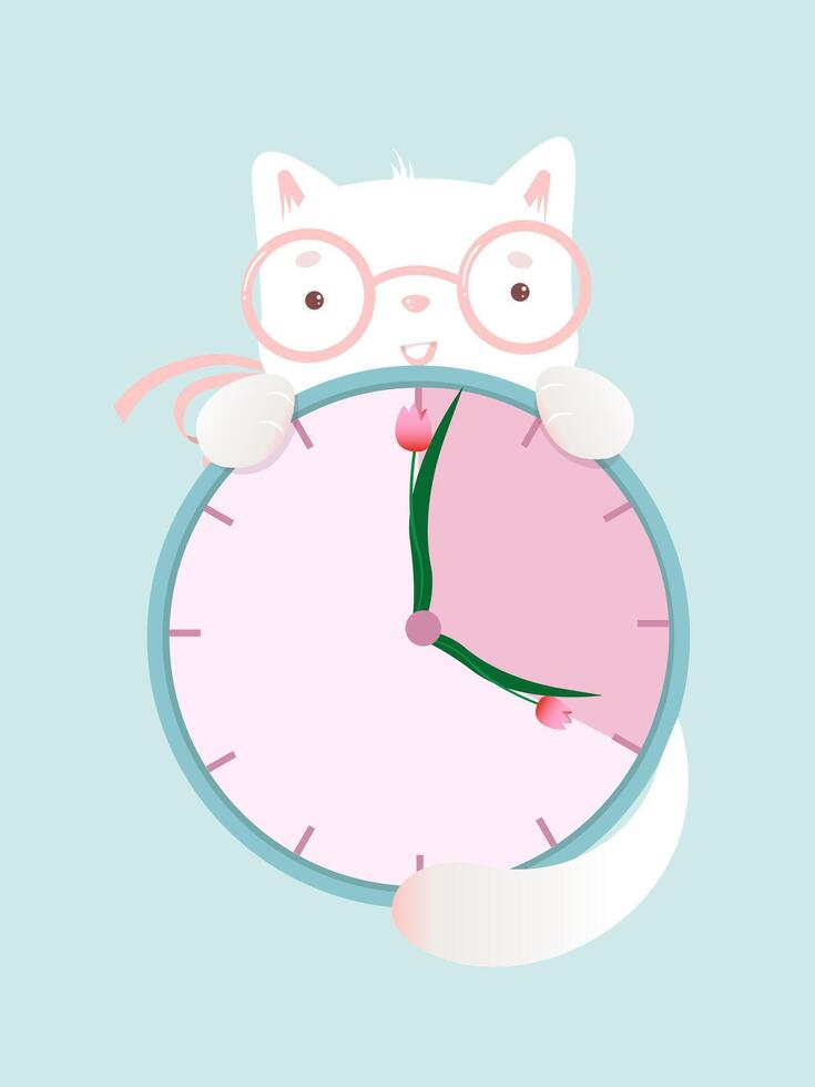 Spring time. Cute white kitty with clock and flower clock hands. Spring sticker or banner vector