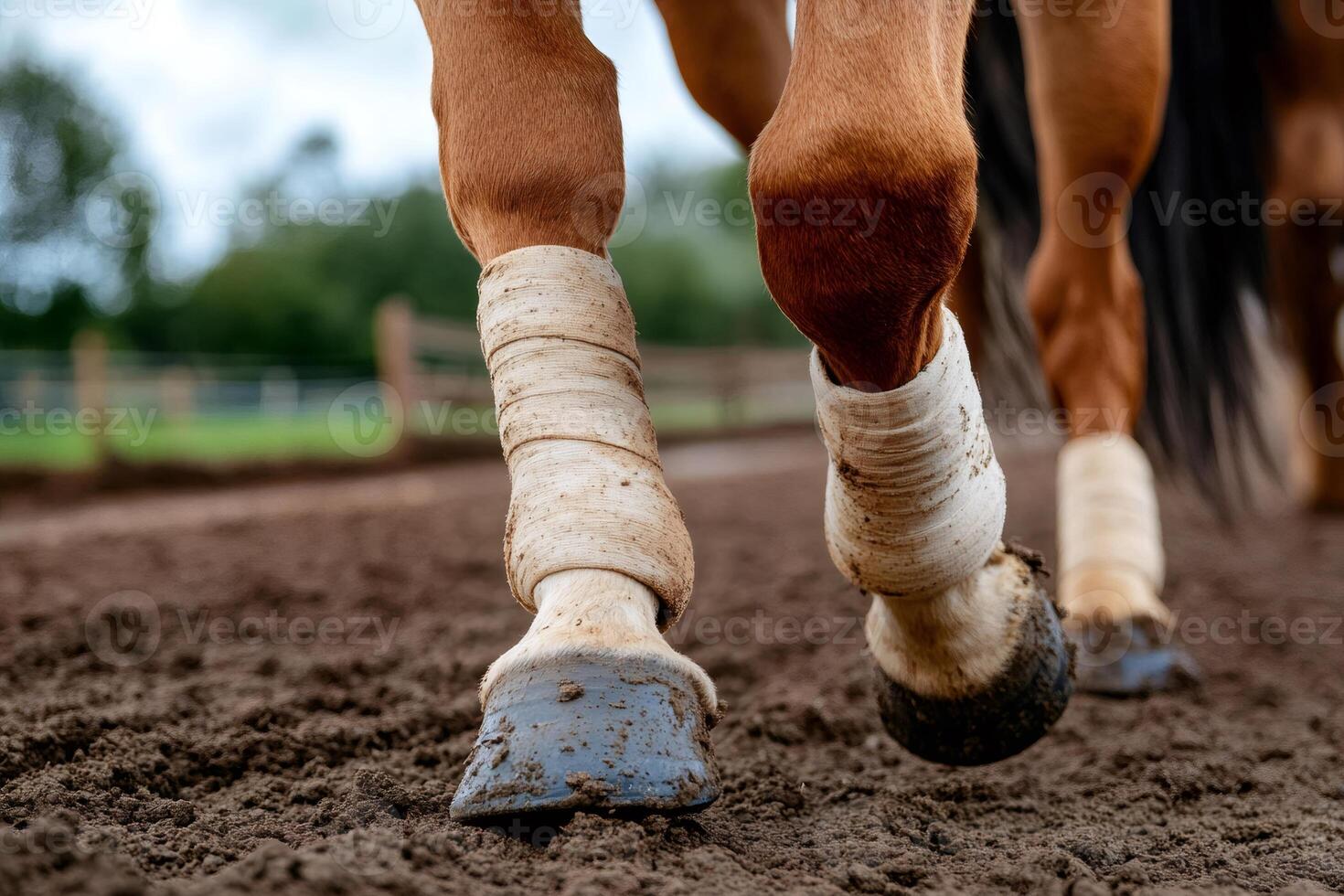 Horse walking on dirt track wearing protective leg bandages photo