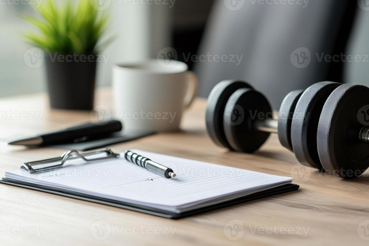 Dumbbell, planner and pen resting on desk suggesting work life balance photo