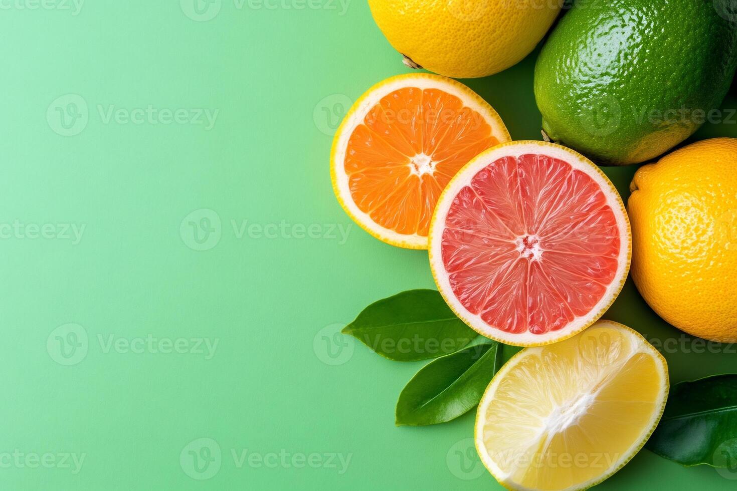 Fresh citrus fruits with leaves creating vibrant composition on green background photo