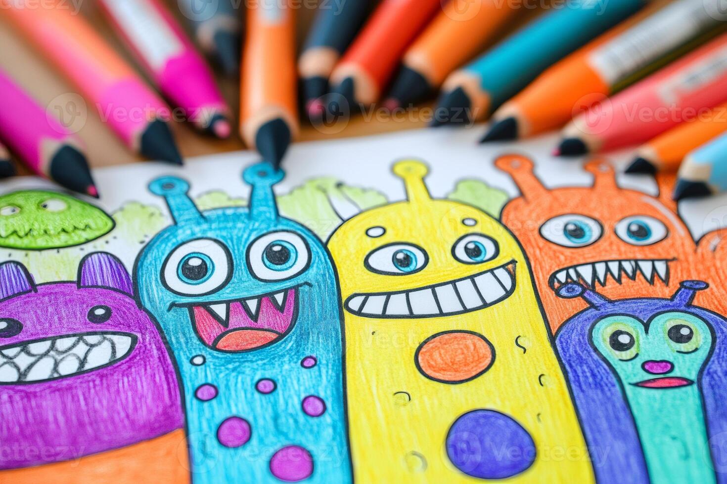 Cartoon monsters are drawn on paper and colored with pencils photo