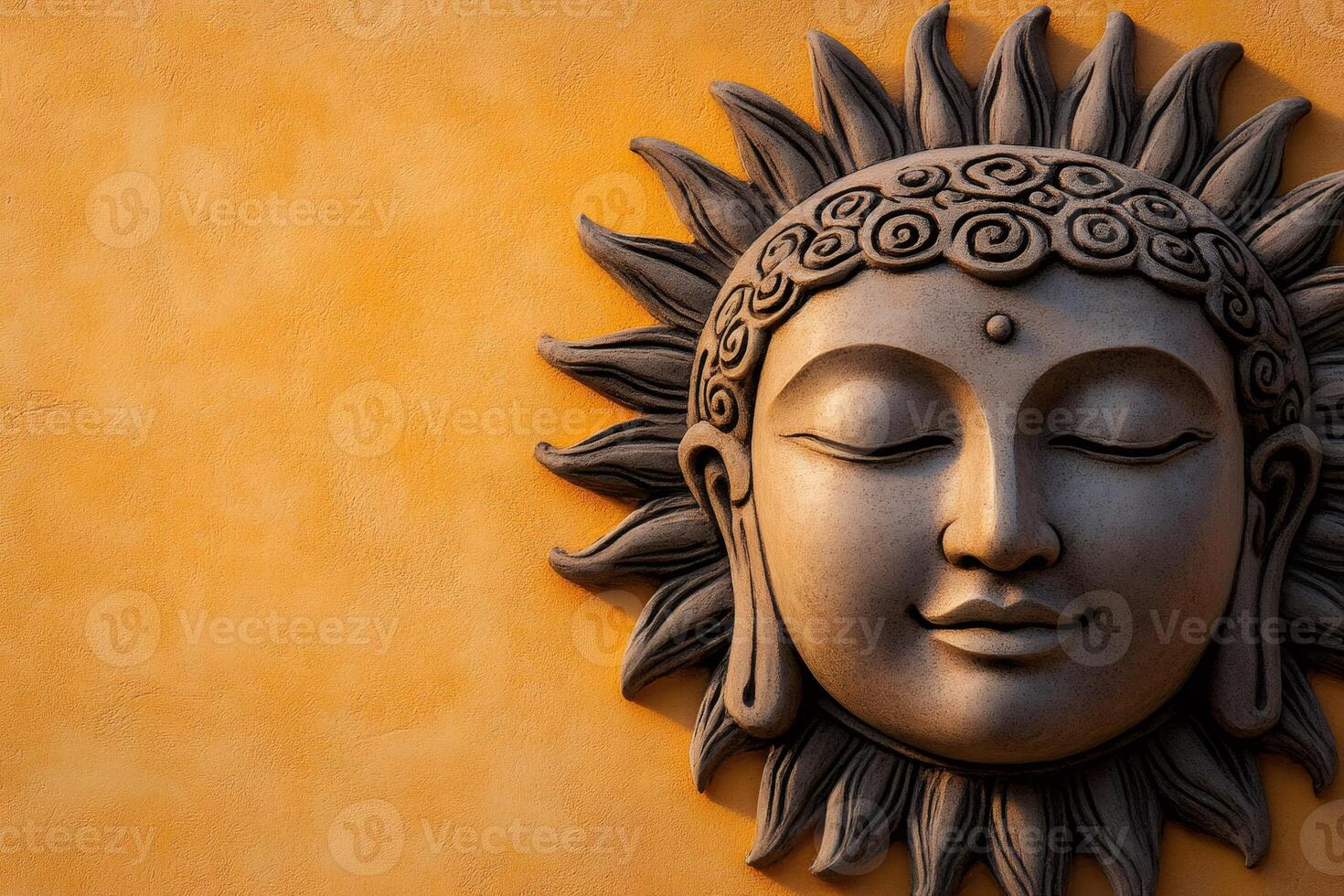 Stone carving of buddha depicting serenity and enlightenment on yellow wall photo