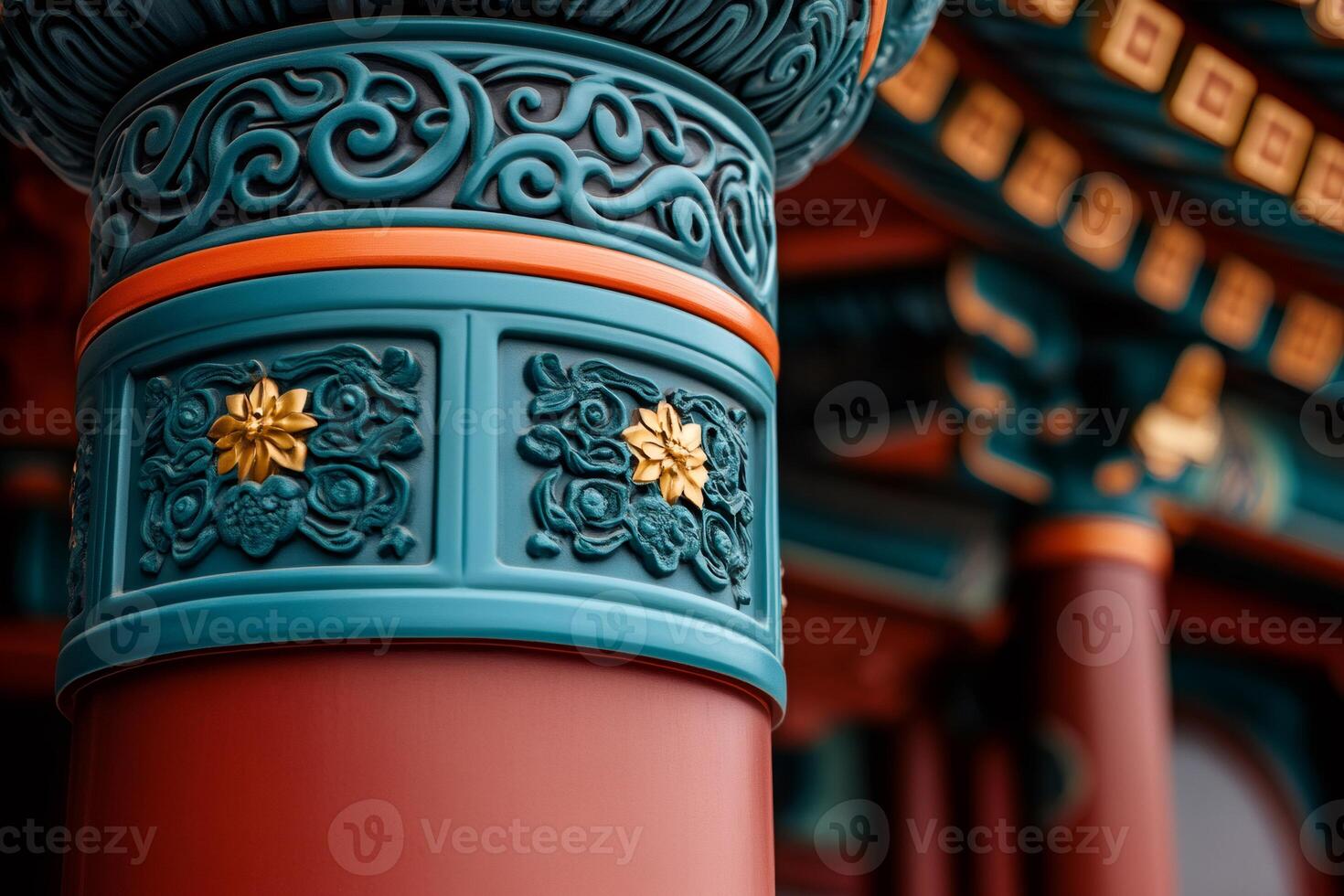 Traditional chinese pillar showing intricate carvings and vibrant colors photo