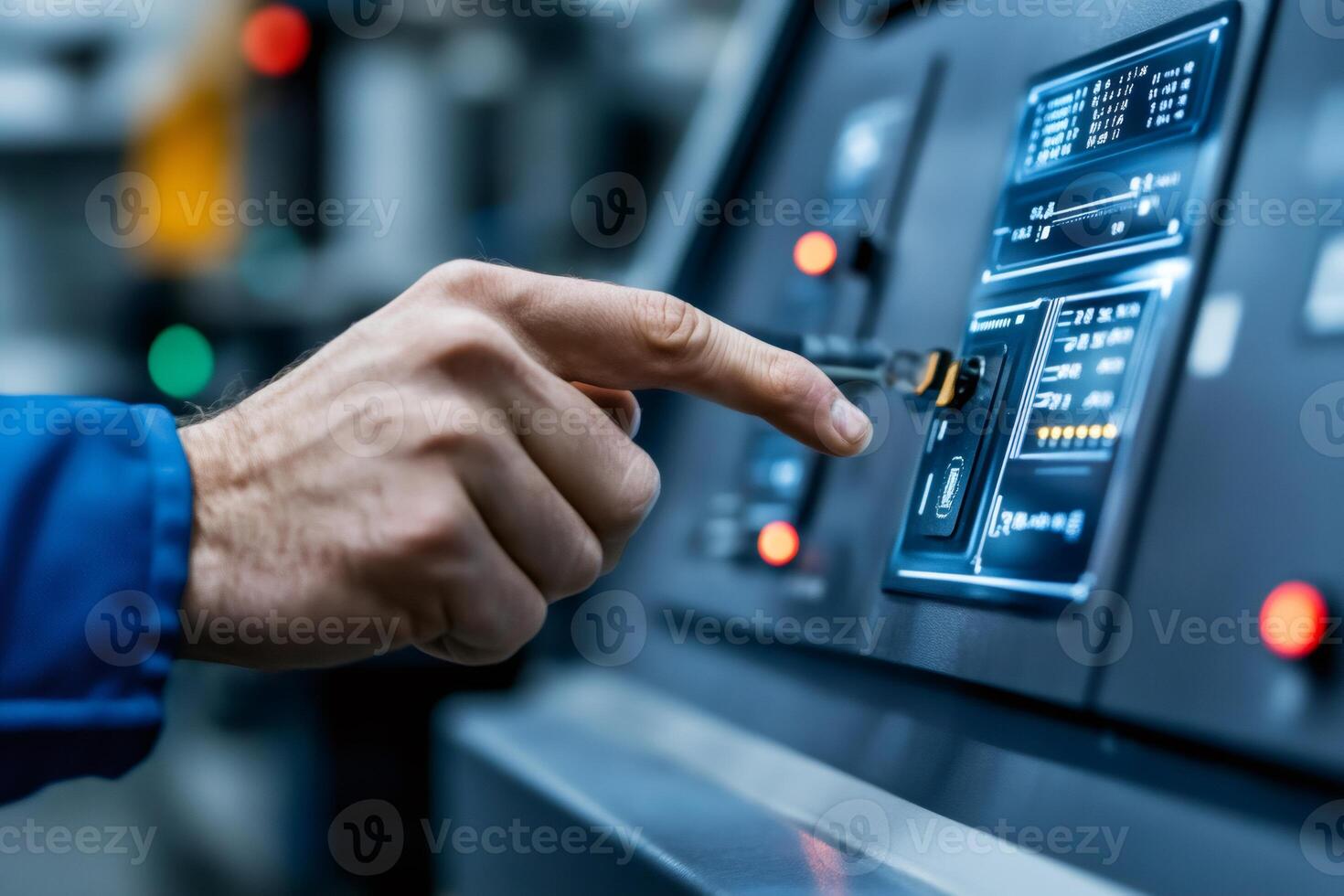 Factory worker operating industrial machinery control panel pushing button photo
