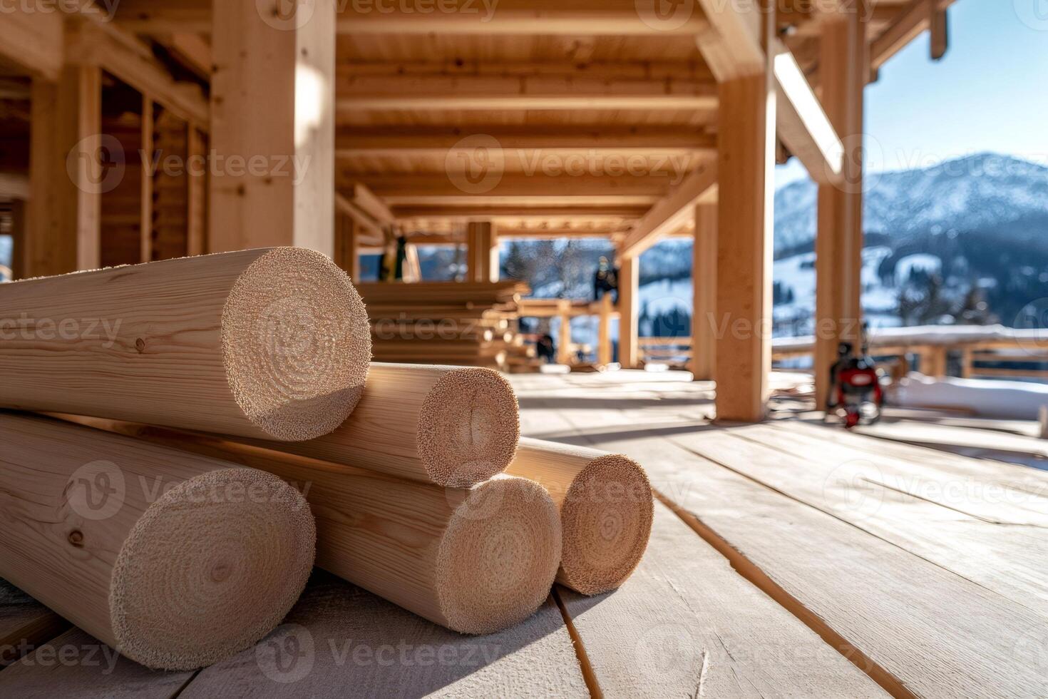 Round logs resting on wooden floor of building under construction in mountain scenery photo
