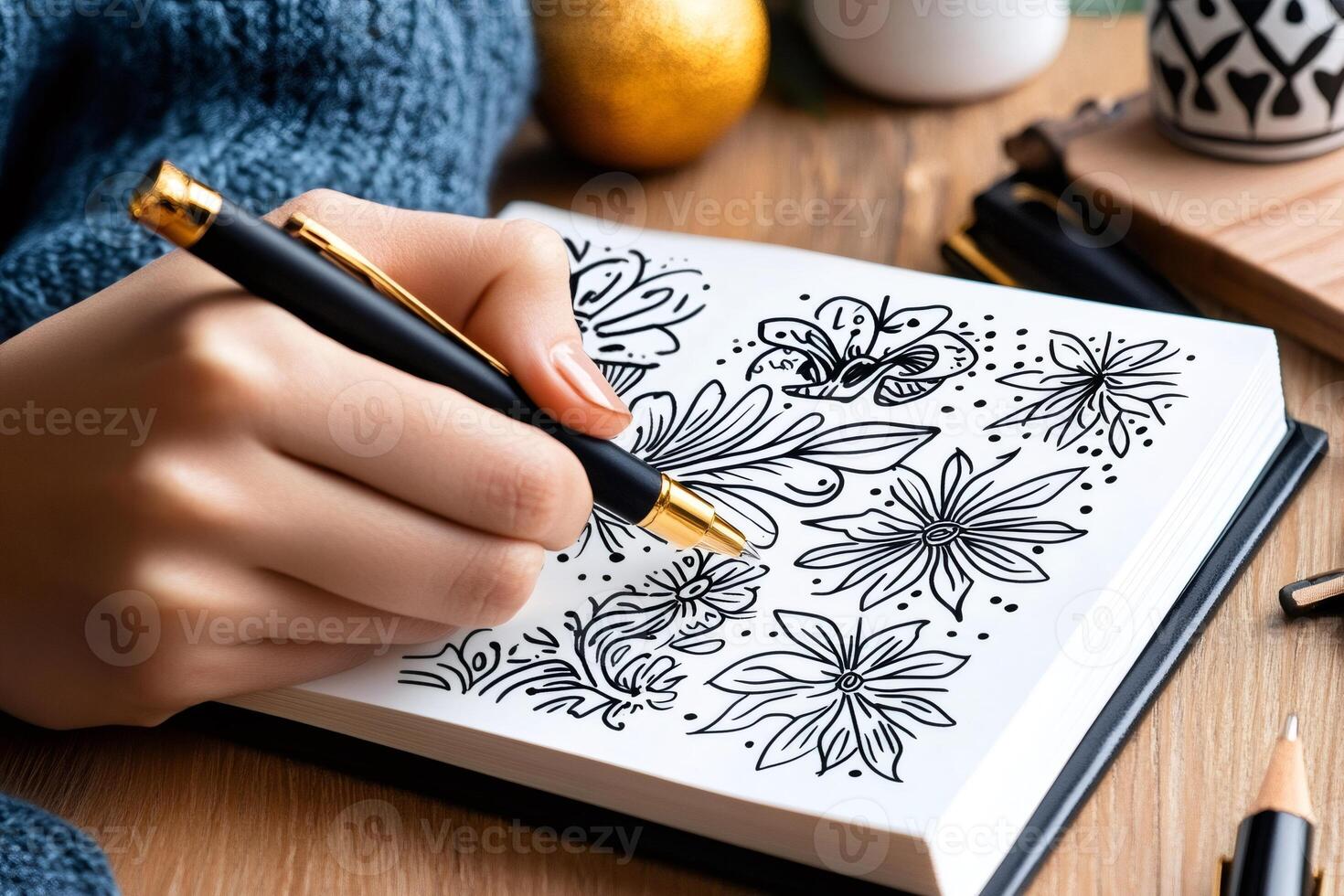 Woman drawing flowers on notebook with pen in cozy setting photo