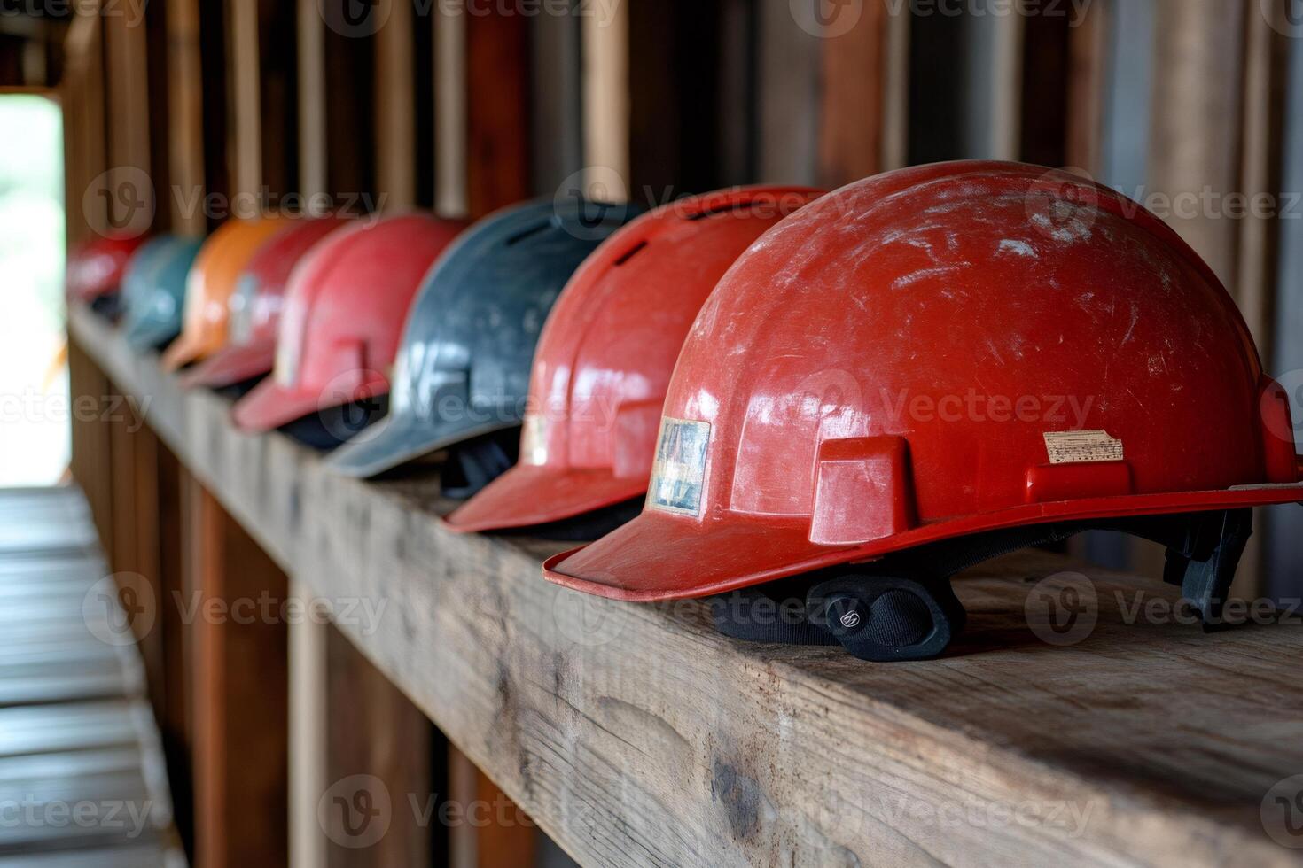Colorful hard hats resting on wooden shelf in industrial setting photo