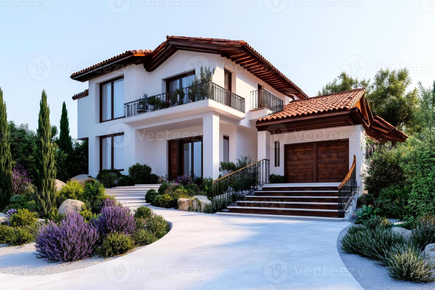 Beautiful white modern mediterranean villa with garage and garden during the day photo