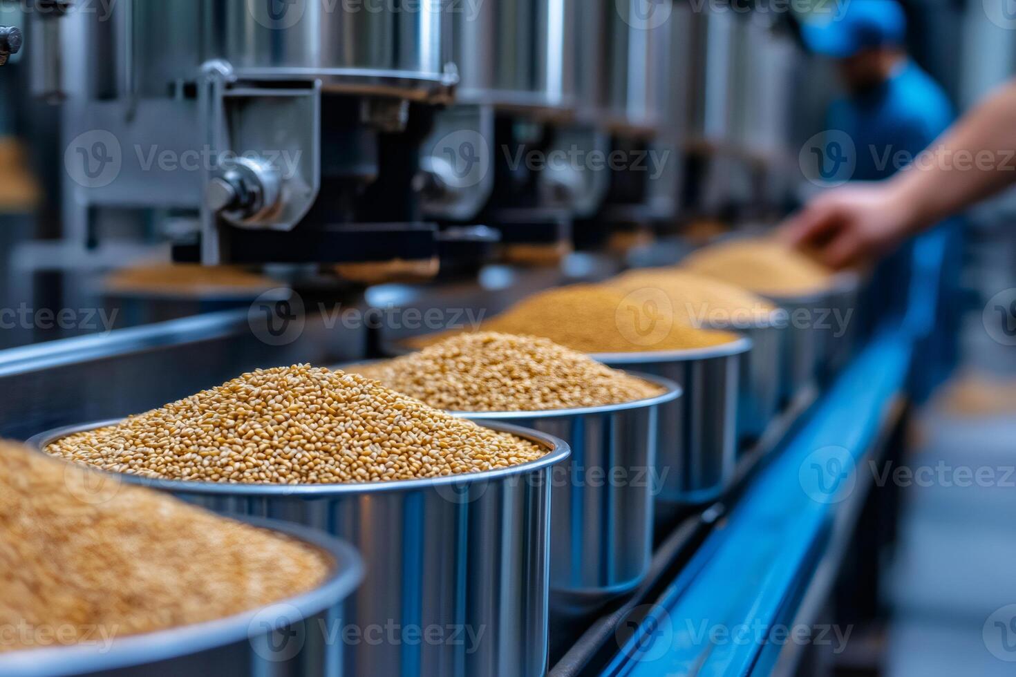 Modern grain processing plant sorting grains for packaging and distribution photo